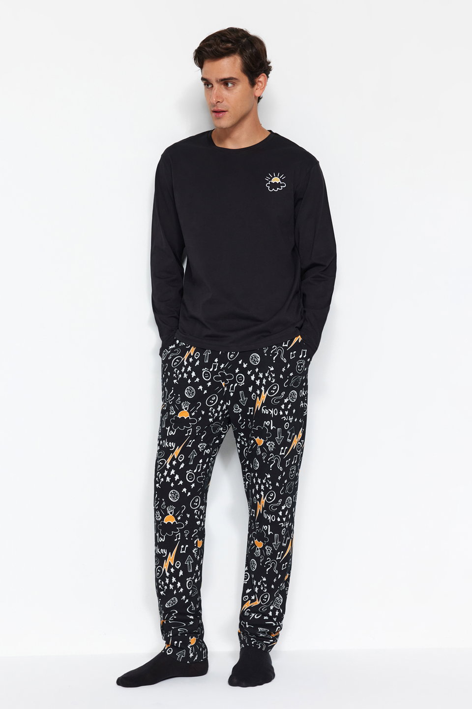 Men's Regular Fit Embroidered Knitted 100% Cotton Pajama Set TMNAW24PT00025