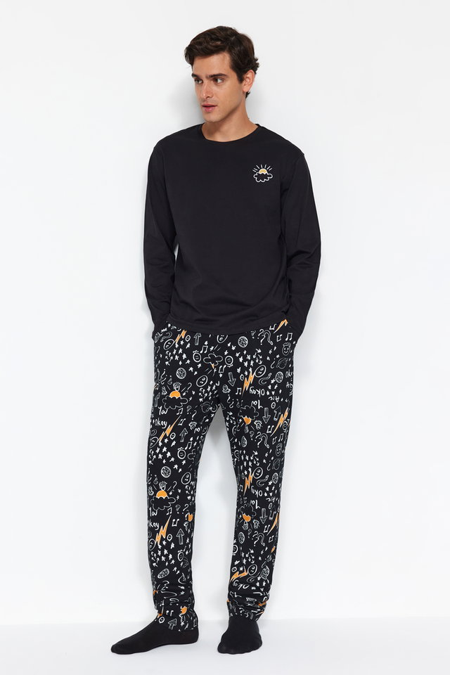 Black - Men's Khaki Regular Fit Embroidered Knitted 100% Cotton Pajama Set TMNAW24PT00025