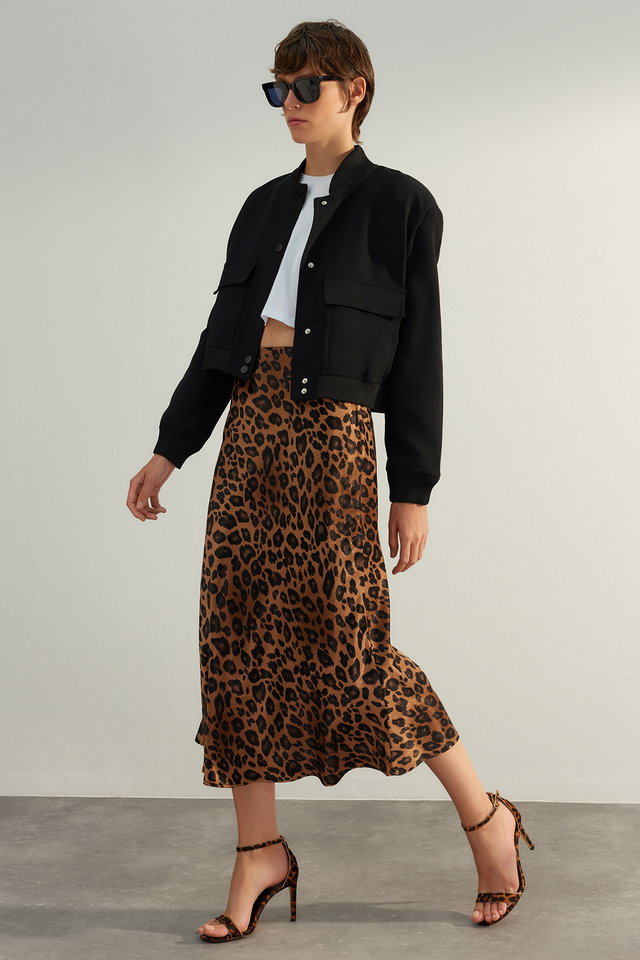 Brown - Brown Premium High Quality Animal Print Satin Midi Skirt TWOAW24ET00140.