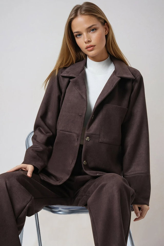 BITTER COFFEE - Women's Ecru Single Pocket Stitched Faux Suede Jacket Alc-X14404