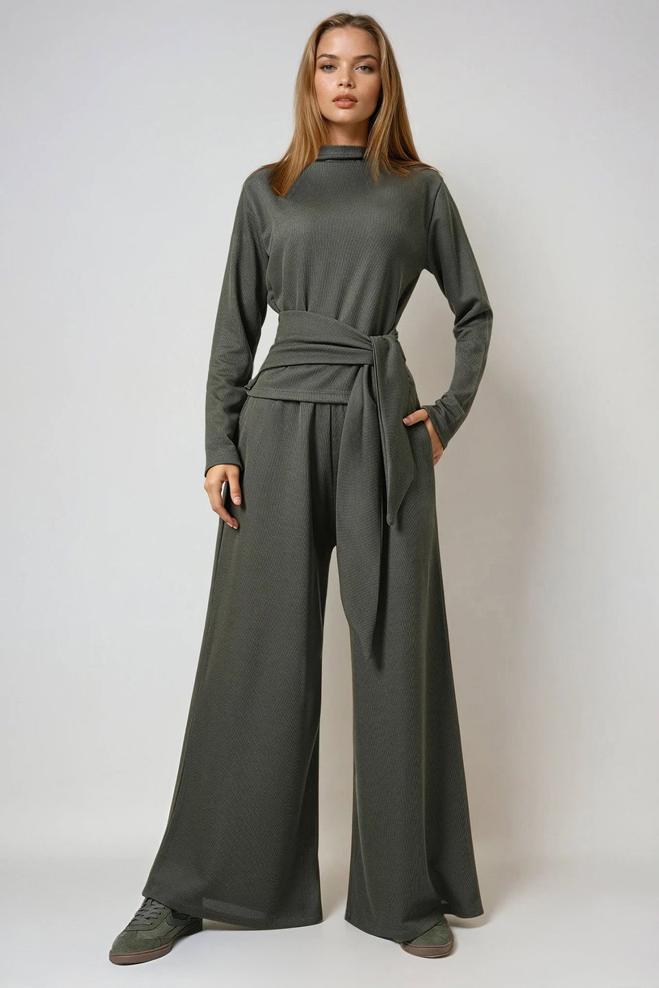 Women's stand collar tie detailed blouse and double pocketed pants set alc-x14678