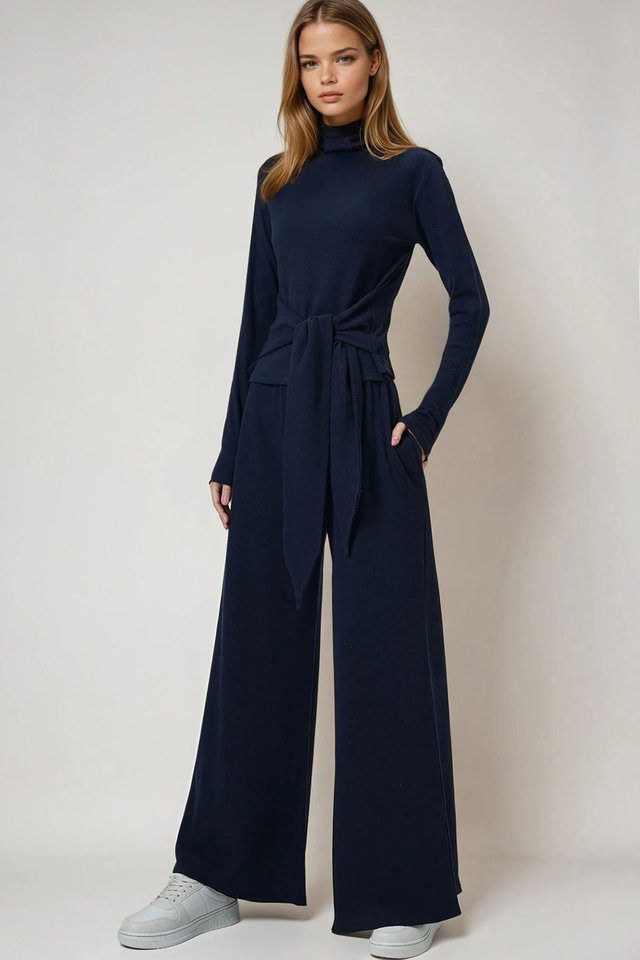 Dark blue - Women's navy blue stand collar tie detailed blouse and double pocketed pants set alc-x14678