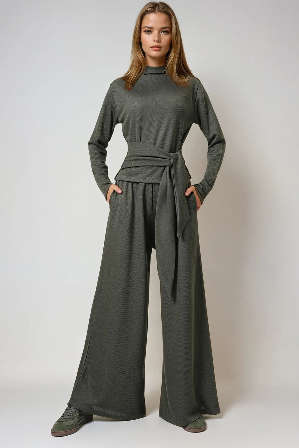 Women's stand collar tie detailed blouse and double pocketed pants set alc-x14678