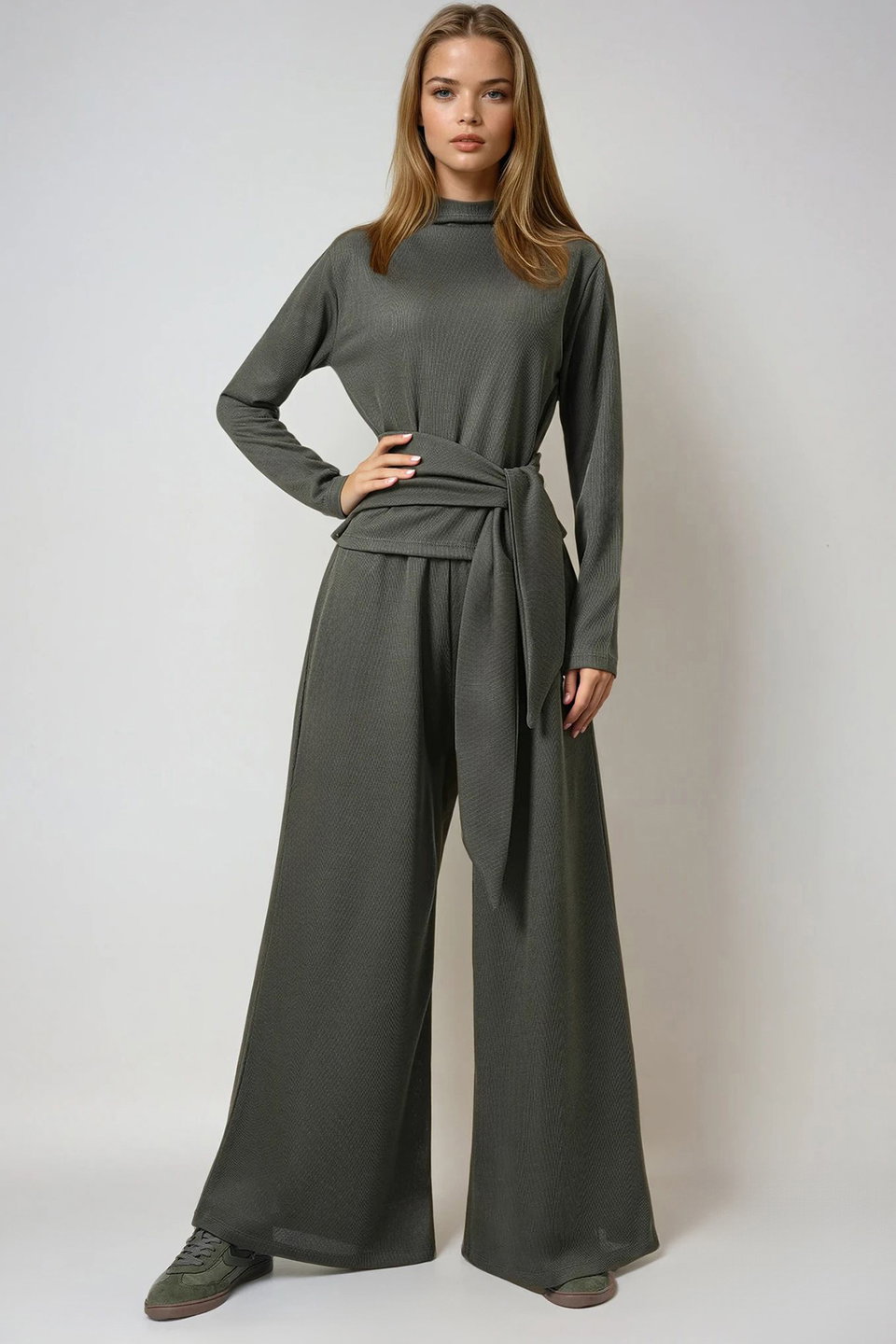 Women's stand collar tie detailed blouse and double pocketed pants set alc-x14678