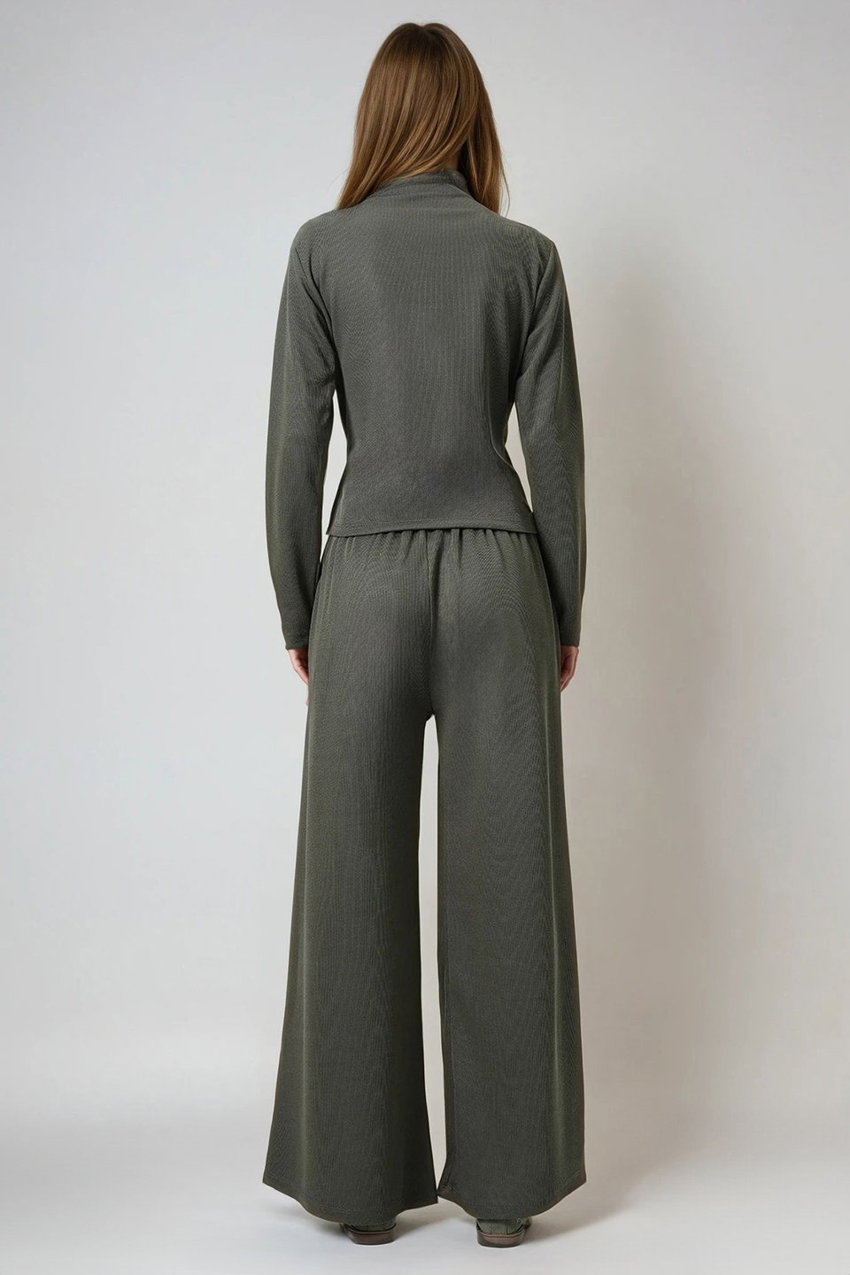 Women's stand collar tie detailed blouse and double pocketed pants set alc-x14678