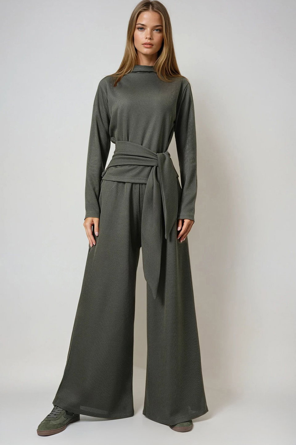 Women's stand collar tie detailed blouse and double pocketed pants set alc-x14678