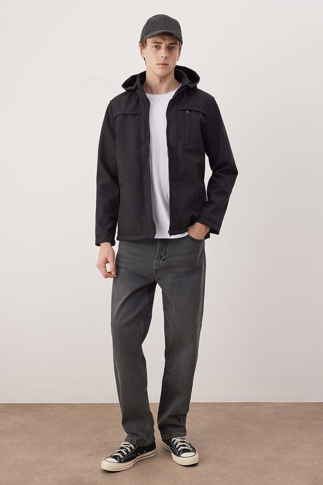 Black*001 - Black Regular Fit Detachable Hooded Softshell Wind and Water Resistant Jacket TMNAW22MO0118