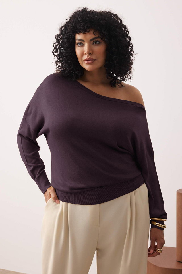 Damson Color - Gray Boat Neck Knit Sweater TBBAW24AN00041