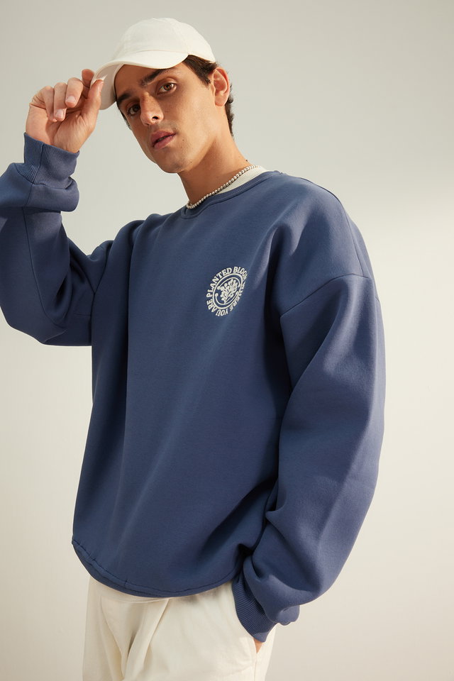 indigo - Brown Oversize/Wide Cut Floral Embroidery Fleece/Warm Cotton Sweatshirt TMNAW24SW00012