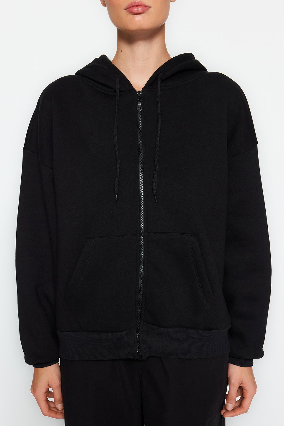 Oversize/Comfortable fit Basic Hood with Zippered Fleece Inside Knitted Sweatshirt TWOAW24SW00188.