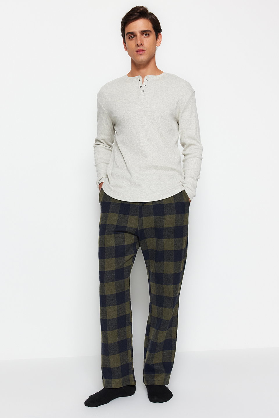 Regular Fit Comfortable Pattern Plaid Woven Pajama Bottoms TMNAW24PJ00019