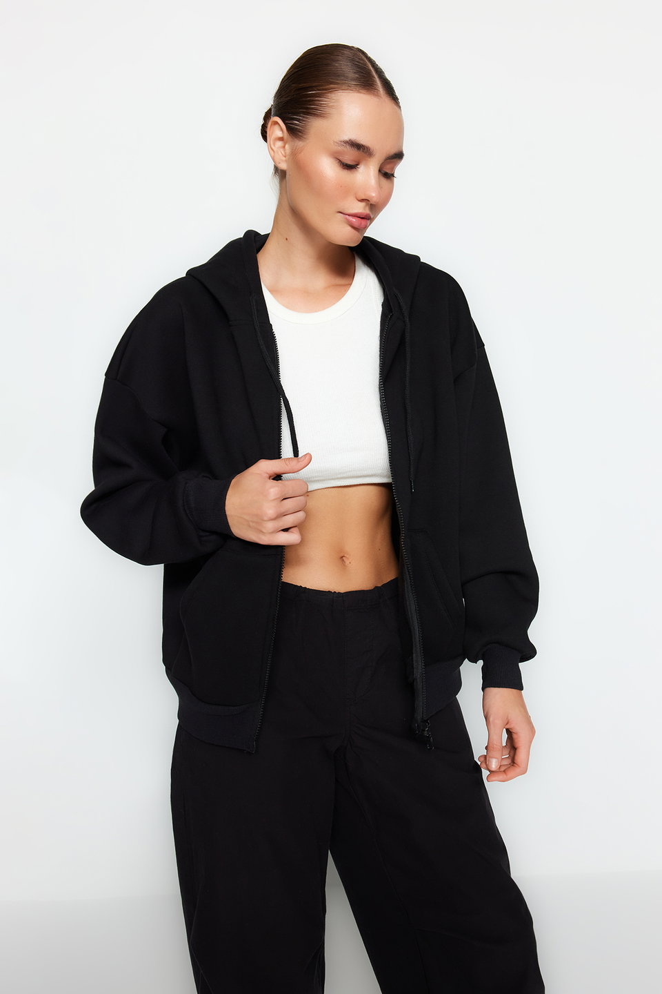 Oversize/Comfortable fit Basic Hood with Zippered Fleece Inside Knitted Sweatshirt TWOAW24SW00188.