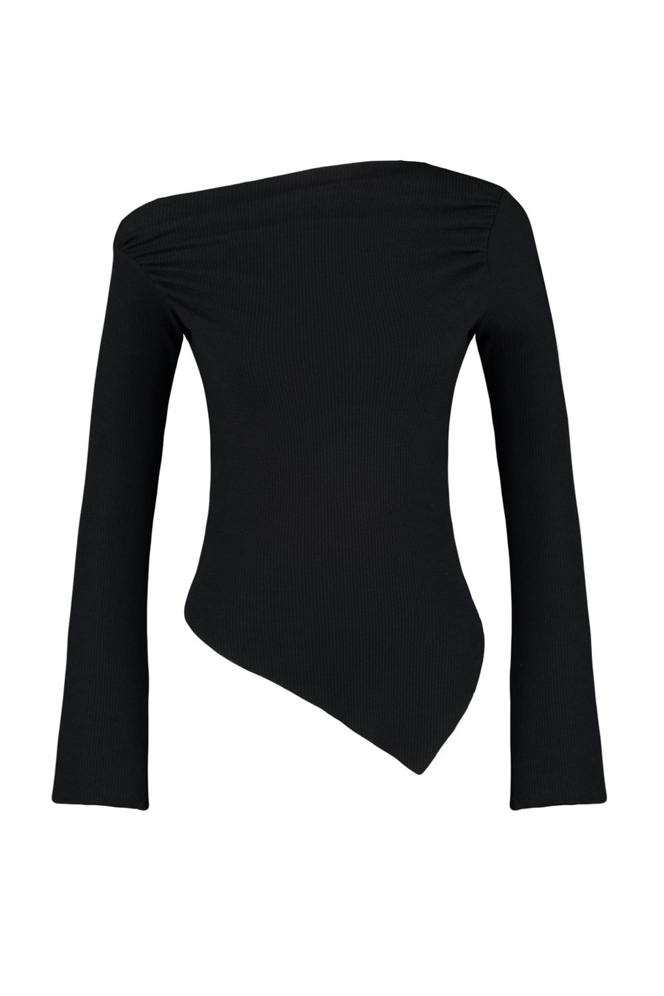 Draped Boat Neck Asymmetric Flexible Long Sleeve Knitted Blouse TWOAW24BZ00393