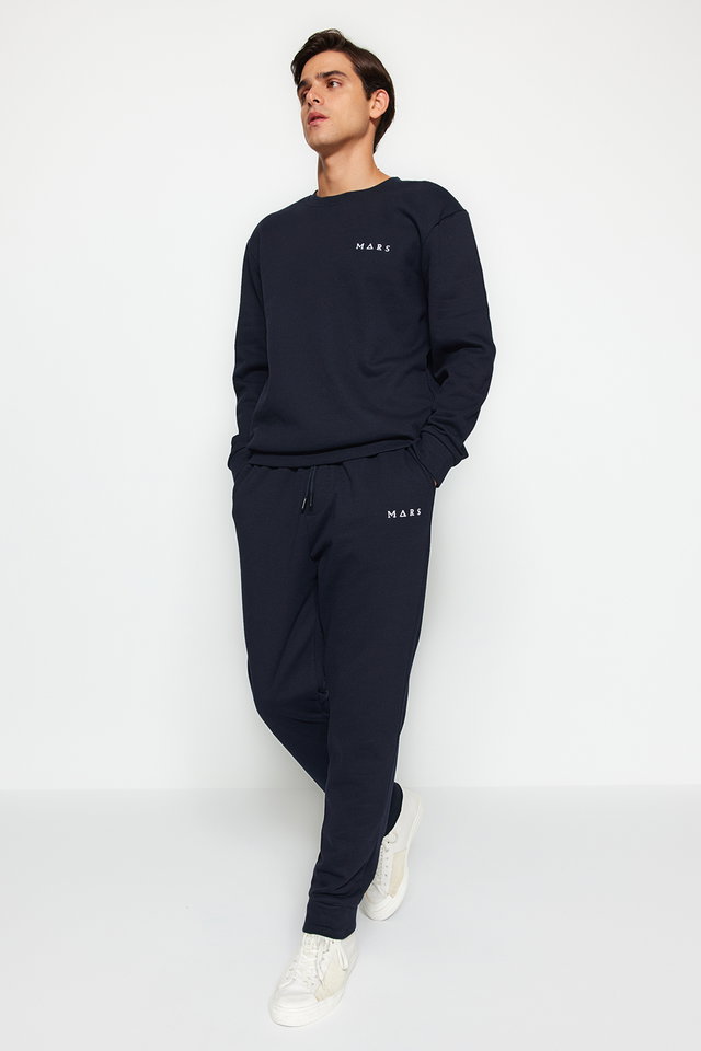 Navy blue - Navy Regular Fit Embroidered Knitted Pajamas Set TMNAW24PT00040