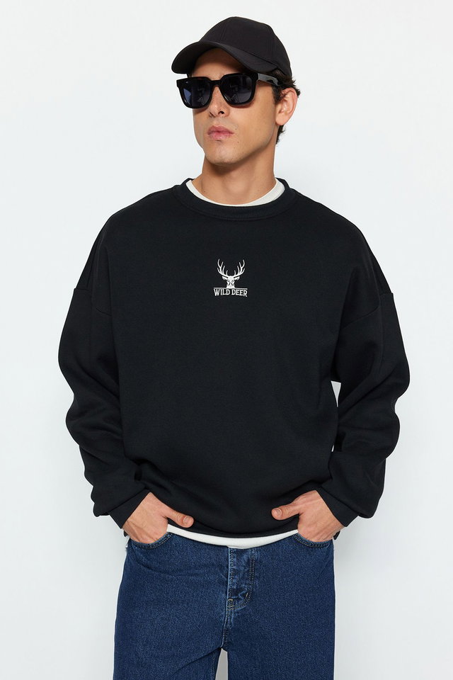 Black - Black Oversize/Wide Cut Long Sleeve Animal Embroidered Sweatshirt TMNAW24SW00169