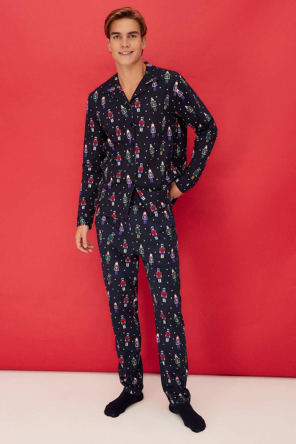 New Year Themed Shirt Collar Regular fit Knitted 100% Cotton Pajama Set TMNAW24PT00048