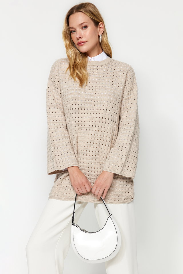 Beige - Navy Blue Relaxed Cut Openwork/Hole Knitted Sweater TCTAW24AK00113