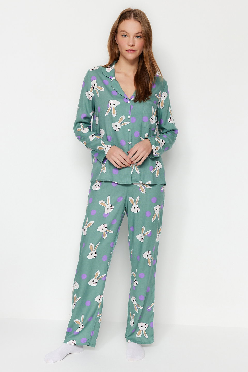 Women's Mini Me/Mom Daughter Rabbit Patterned Viscose Woven Pajamas Set Thmaw21Pt0048