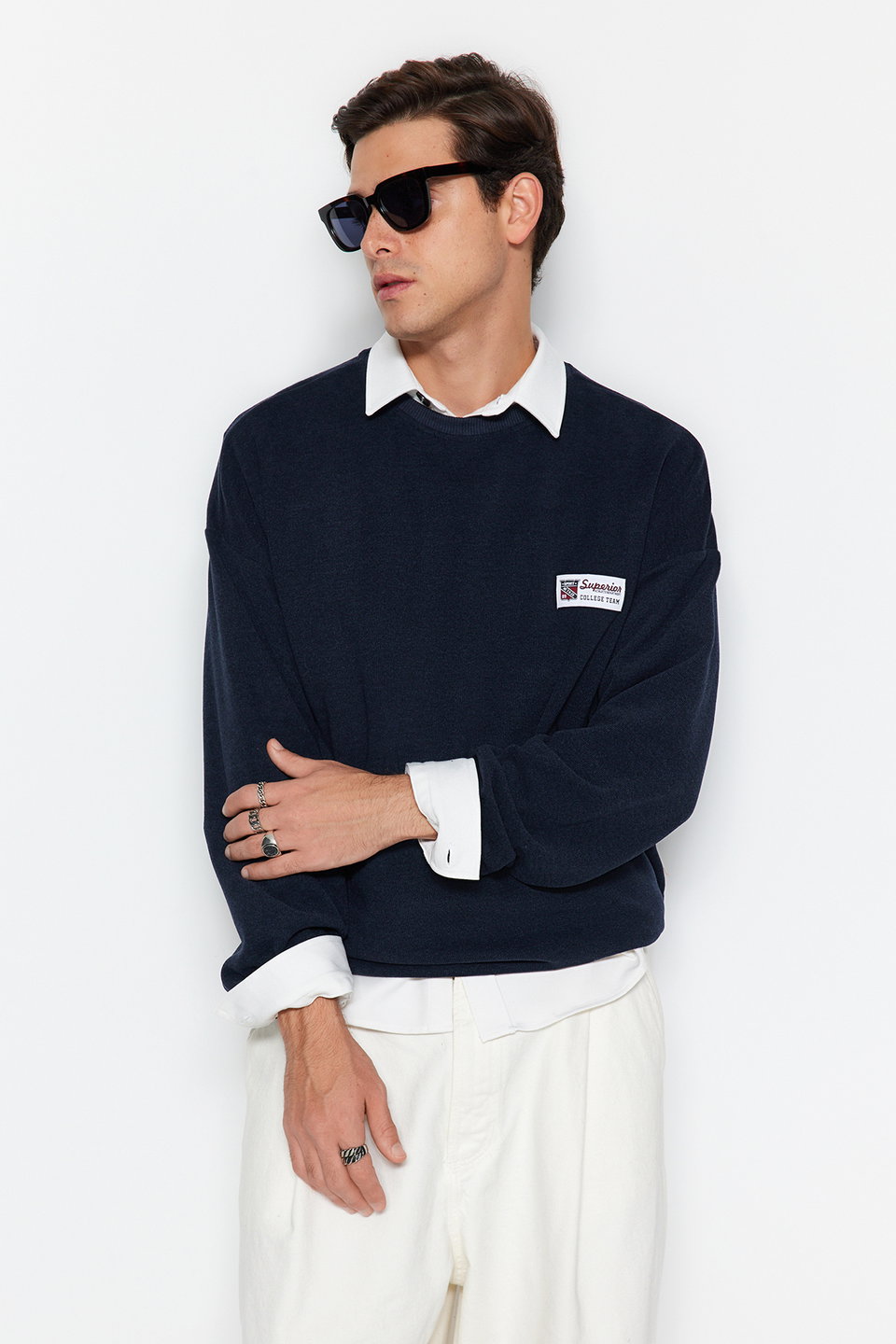 Oversize/Wide Cut Soft Texture College Themed Non-Raising Sweatshirt TMNAW24SW00245