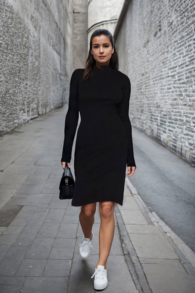 Black - Black Bodycon Slit Crew Neck Midi Elastic Ribbed Knit Pencil Dress TWOAW21EL0135