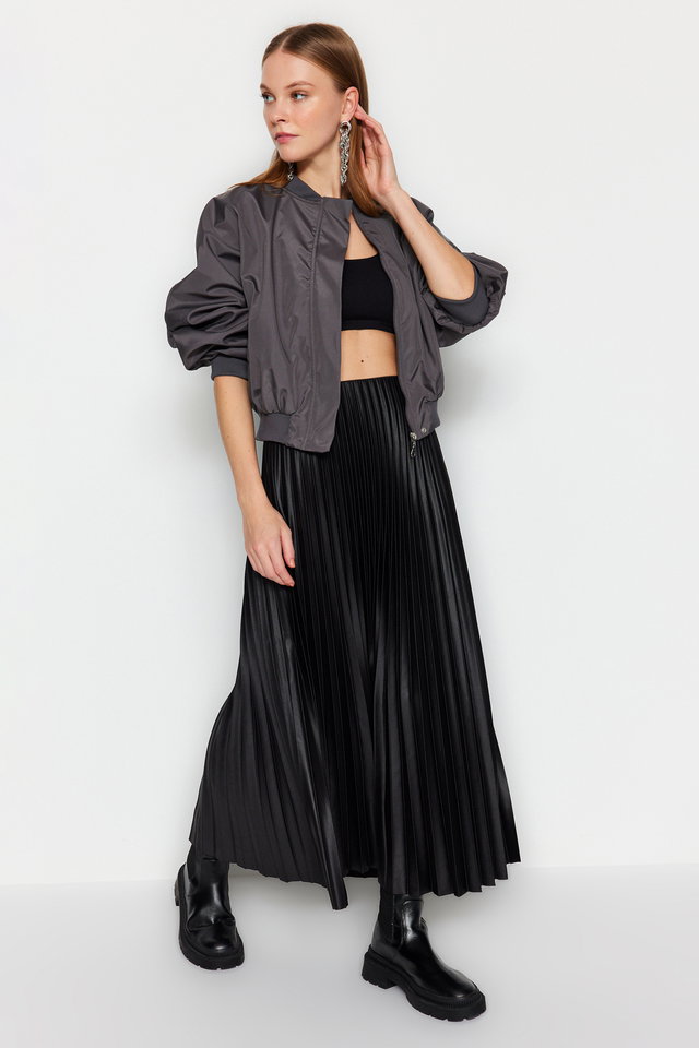 Black - Black Pleated Maxi Stretchy Knitted Skirt TWOSS24ET00041