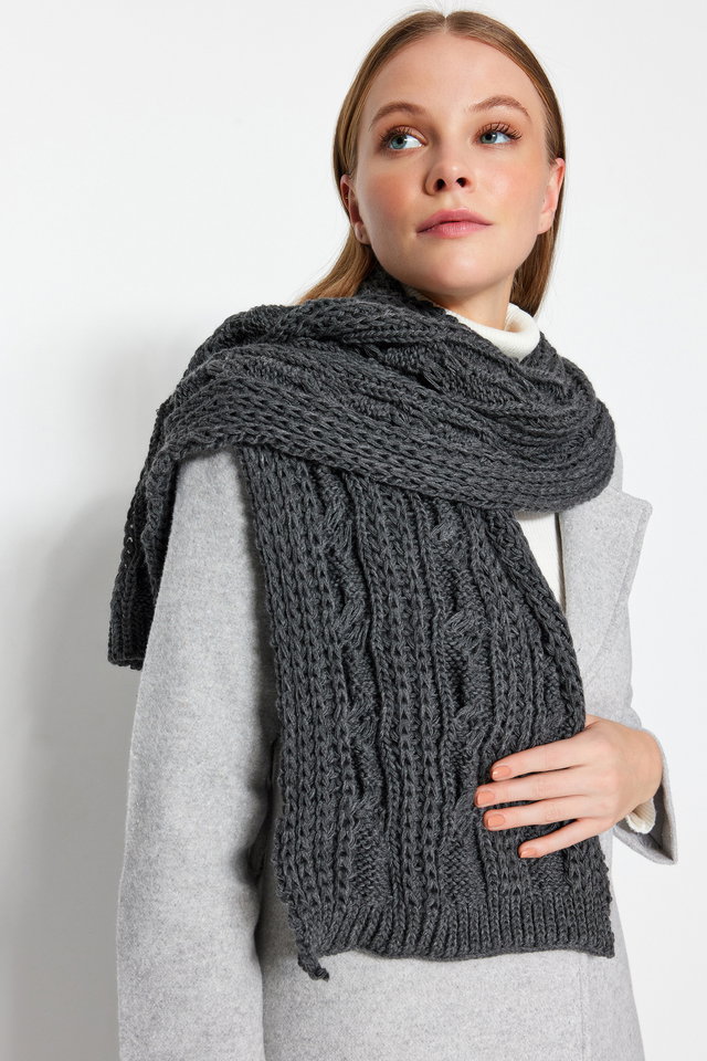 Anthracite - Beige Knitted Detailed Knitwear Scarf TWOAW21AT0018