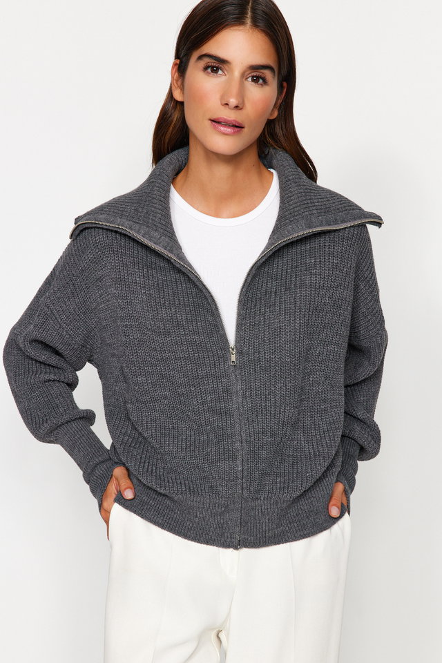 Anthracite - Black Wide Pattern Turn-down Collar Zippered Knitwear Cardigan TWOAW24HI00072