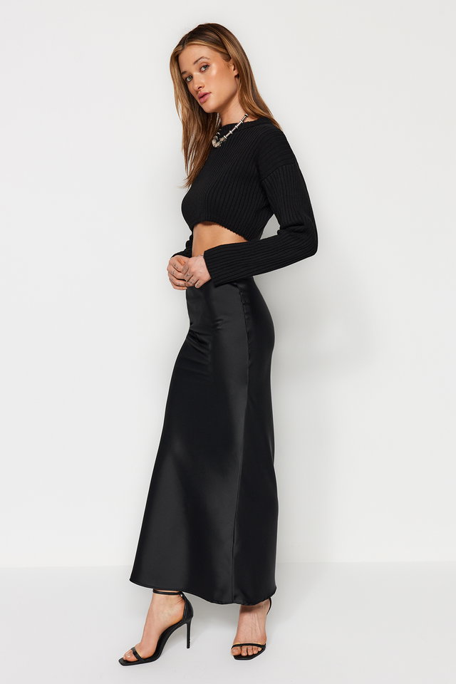 Black - Black Mermaid Cut Satin Maxi Length Woven Skirt TWOAW24ET00358