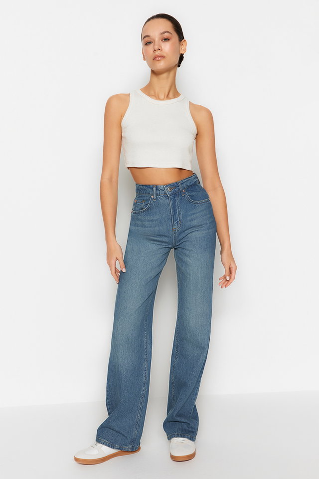 Blue - Blue High Waist Wide Leg Jeans TWOSS24JE00020
