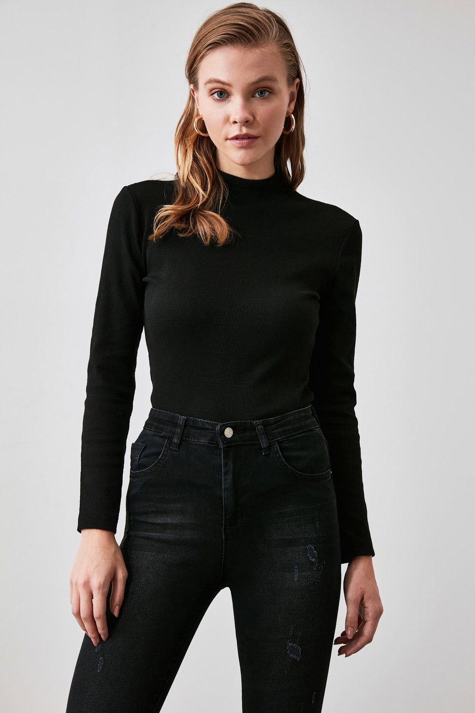 Fitted High Collar Long Sleeve Ribbed Stretchy Knitted Blouse TWOAW21BZ0423