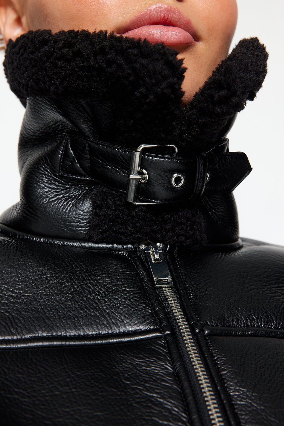 Regular Fit Plush Detailed Faux Leather Biker Jacket Coat TWOAW24MO00279