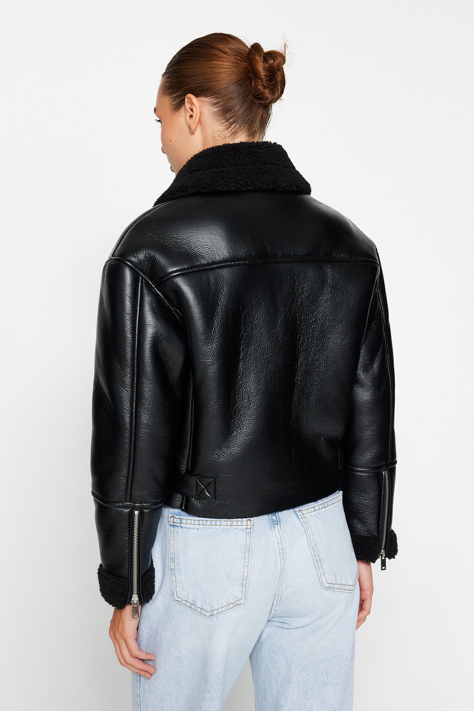 Regular Fit Plush Detailed Faux Leather Biker Jacket Coat TWOAW24MO00279