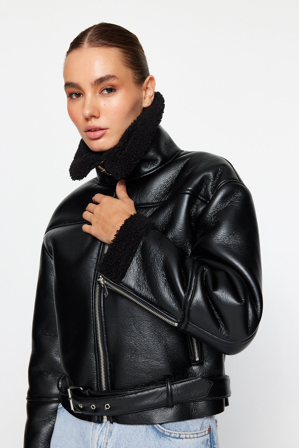 Regular Fit Plush Detailed Faux Leather Biker Jacket Coat TWOAW24MO00279
