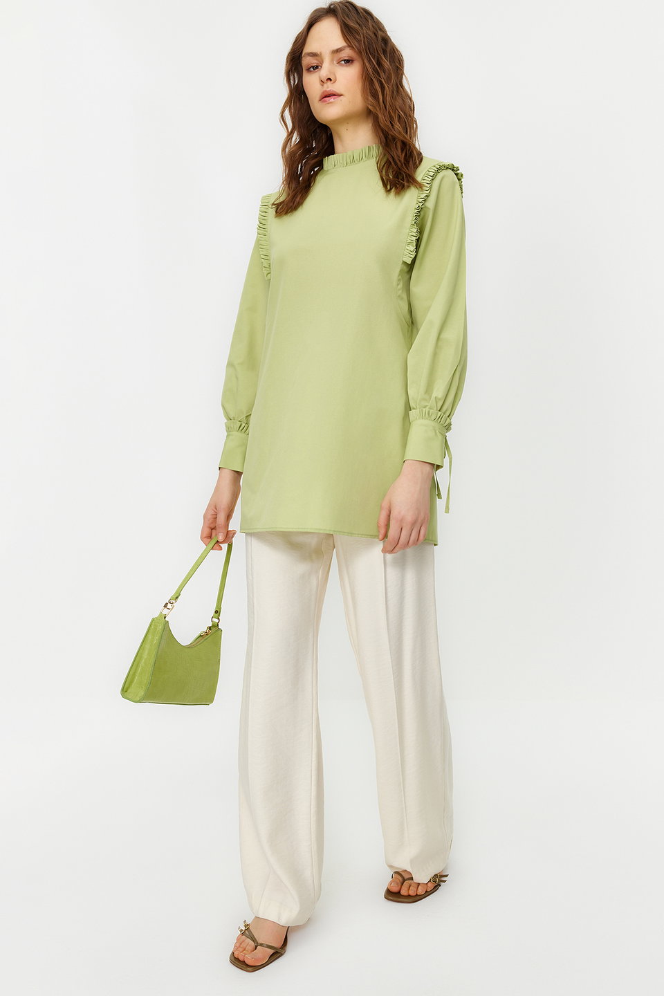 Shoulder and Cuff Frilly Woven Cotton Tunic TCTSS23UK00083