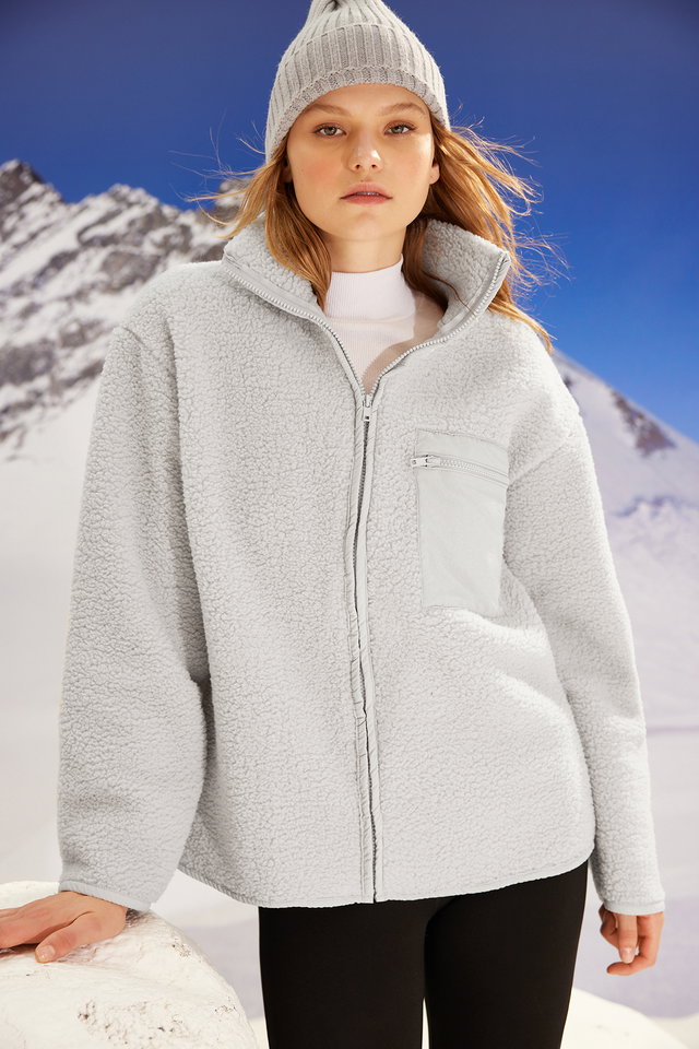 Grey - Winter Essentials Gray Fleece Zipper Stand Collar Long Sleeve Pocket Detailed Knitted Sweatshirt TWOAW24SW00071