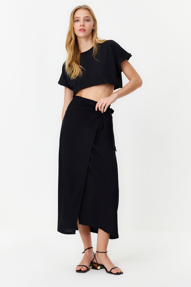 Black - More Sustainable Oil Green Tied Double-Breasted Viscose Fabric Maxi Length Woven Skirt Twoss24Et00006