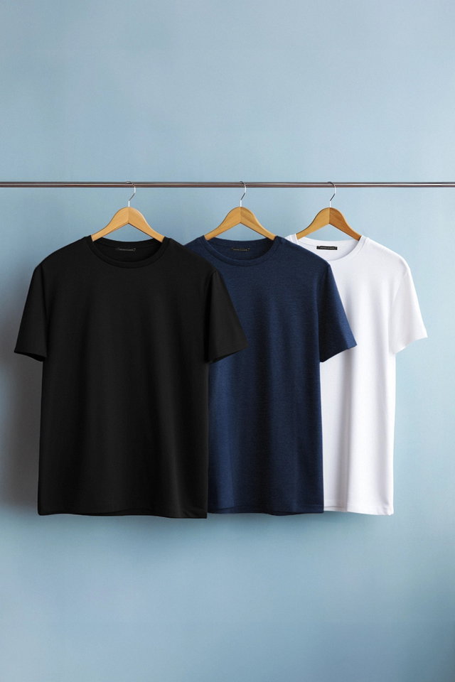 Navy Blue-Multicolor - Black-Anthracite Melange-White Slim/Slim Cut Crew Neck 100% Cotton 3 Pack T-Shirt Tmnss19Bo0007