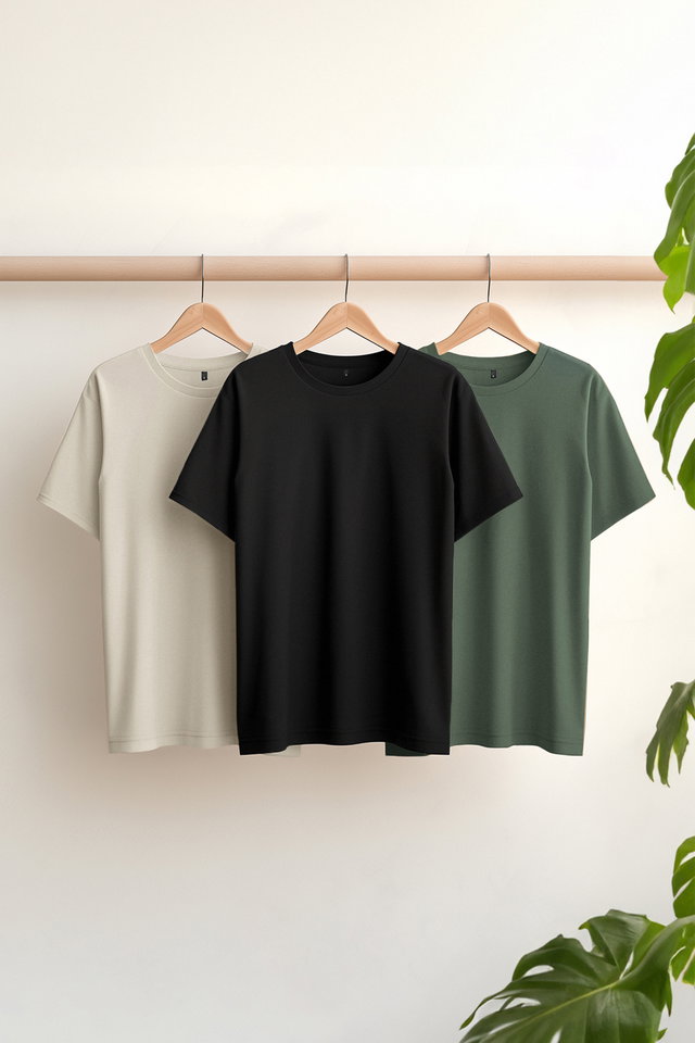 Black-Beige - Black-Anthracite Melange-White Slim/Slim Cut Crew Neck 100% Cotton 3 Pack T-Shirt Tmnss19Bo0007