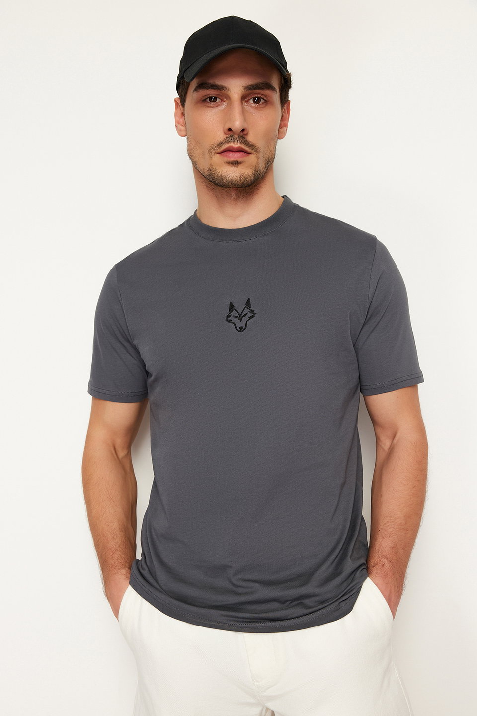 Regular/Normal Cut Wolf Embroidered 100% Cotton T-Shirt TMNSS24TS00056