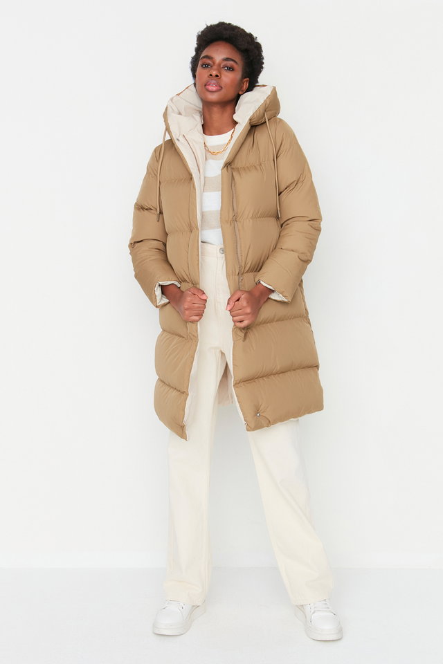 Brown - Brown-Ecru Double Sided Hooded Water Repellent Long Puffer Jacket TWOAW23MO00052