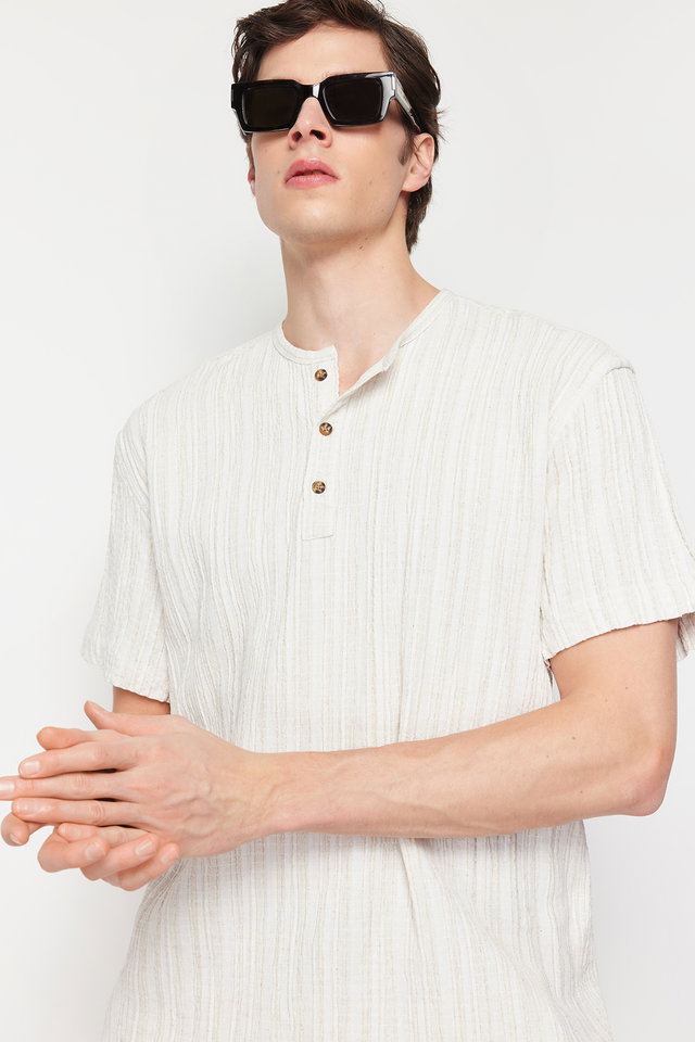 ecru - Ecru Linen Content Oversize Fit Shirt TMNSS23GO00139