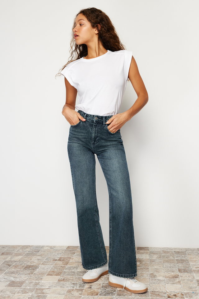 Dark blue - Dark Blue Faded Effect Vintage High Waist Wide Leg Jeans TWOSS24JE00080