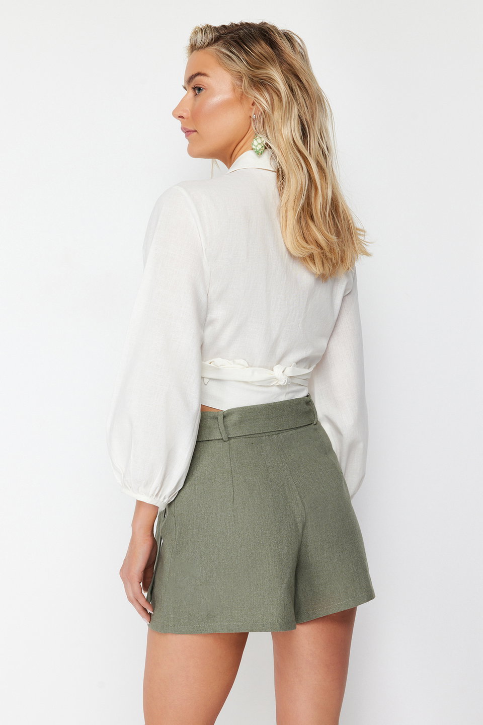 Belted Woven Linen Blended Beach Shorts Skirt Tbess21Et0124