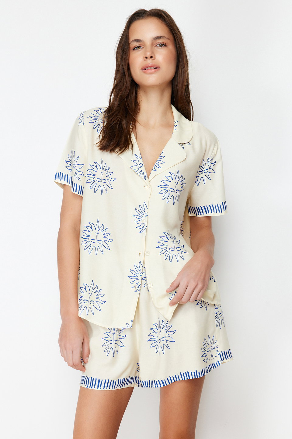 Sun Patterned Viscose Shorts Woven Pajama Set THMSS24PT00009