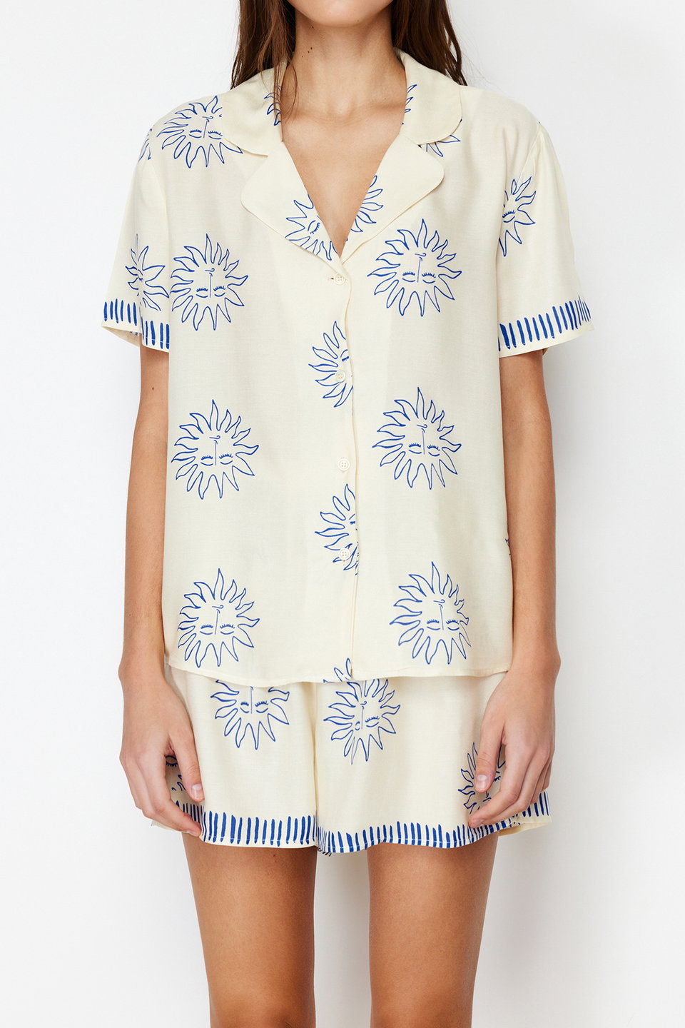 Sun Patterned Viscose Shorts Woven Pajama Set THMSS24PT00009