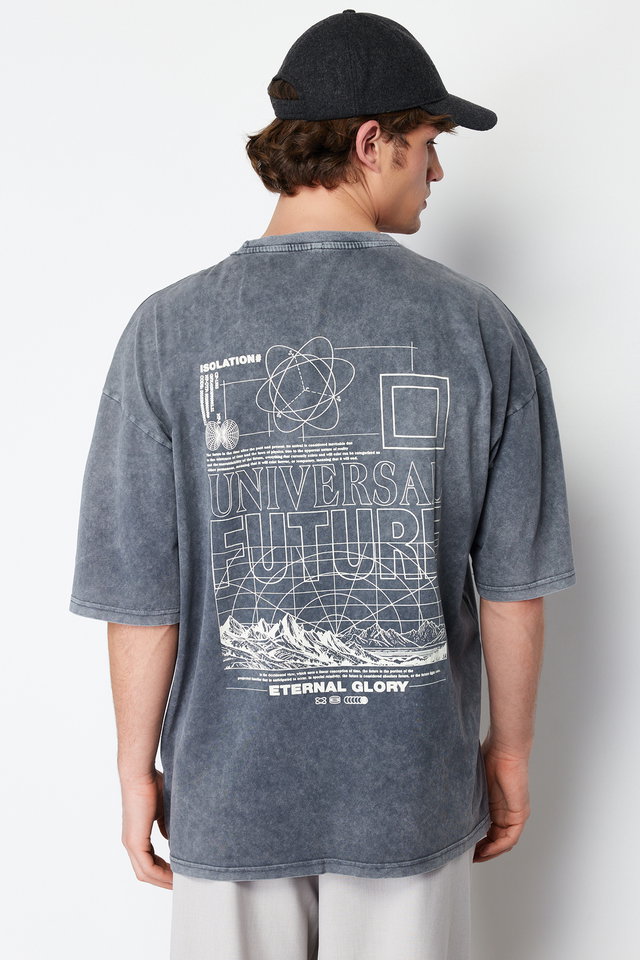 Anthracite - Indigo Oversize/Wide Cut Faded Effect Text Print 100% Cotton T-Shirt TMNSS24TS00043