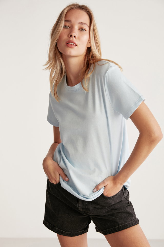 Light blue - Samantha Women's 100% Organic Cotton Comfort Fit Long Back Basic Knitted Khaki T-shirt