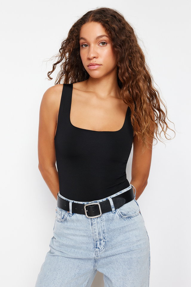 Black - Black Fitted/Sticky Back Detailed Square Neck Snaps Elastic Knitted Bodysuit TWOSS24BD00026