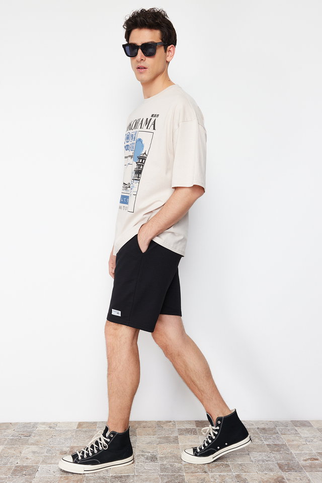 Black - Black Regular Cut Label Appliqued Cotton Shorts TMNSS23SR00079