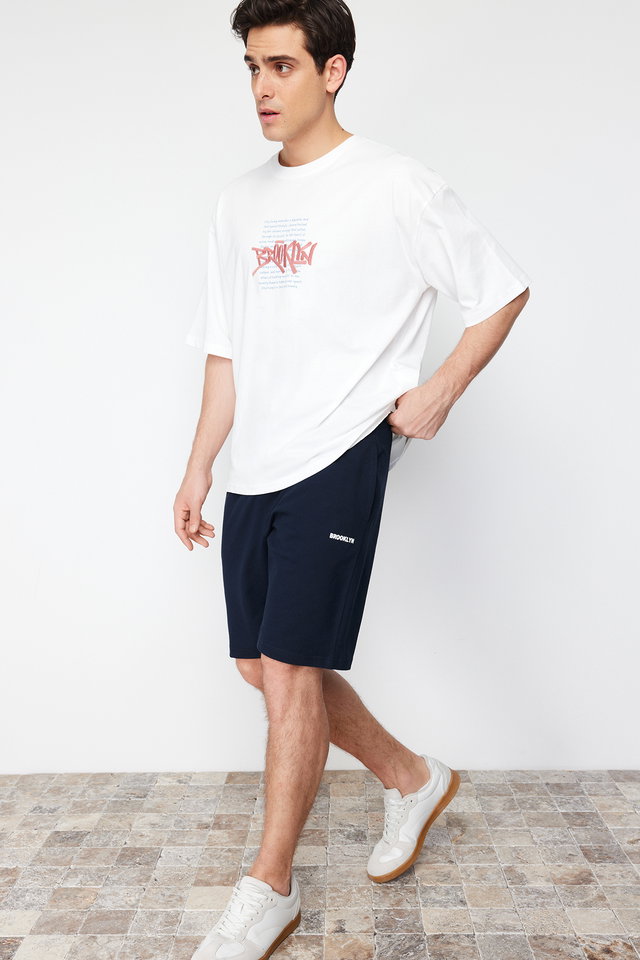 Navy blue - Navy Blue Regular/Normal Cut Medium Length Text Printed Shorts TMNSS21SR0377